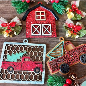Fichier svg lot de décorations de ferme, camion vintage décorations de Noël svg, svg découpé au laser Glowforge ready, téléchargement numérique, usage Commercial