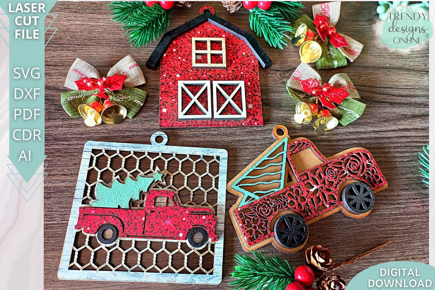 Farmhouse Ornaments bundle svg file, Vintage truck Christmas Ornaments svg, Glowforge Ready Laser Cut svg, Digital Download, Commercial Use