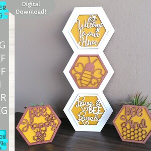 Welkom bij onze Hive Verwisselbare Leaning stand svg, Hexagon Scheve svg, Digital Download, Laser cut bestand, Glowforge svg, Commercieel Gebruik
