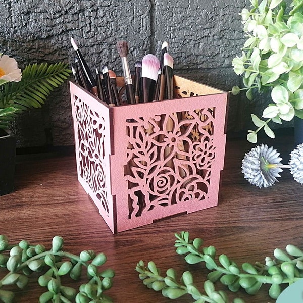 Floral Crate Make Up brush holder svg file, Flower box display stand svg, Glowforge laser ready file, Digital Download, Commercial Use