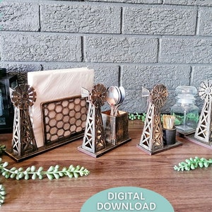 Windmühle Küchenhalter Bundle SVG Datei, Utensilien svg, Zahnstocher & Serviettenhalter svg, Glowforge ready, Laser cut Datei, Digital Download