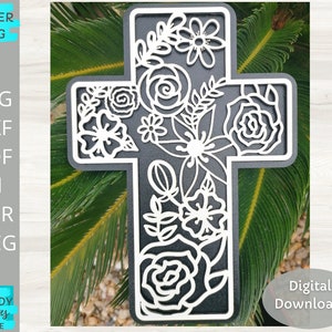Floral Cross svg, Easter Cross svg, Hand Drawn svg, Digital Download, Plik Glowforge Laser Cut, Zastosowanie komercyjne