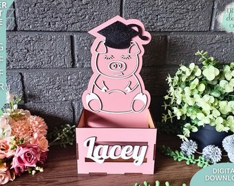 Pig Graduation Crate svg, Personalized Graduation Box svg, Cute Pig Box Digital Download, Glowforge Ready Laser Cut file, Commercial Use
