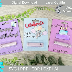 Carte di denaro di compleanno Bundle SVG, Carta custodia balsamo per labbra SVG, Download digitale, Glowforge Ready SVG, File tagliato al laser, Uso commerciale