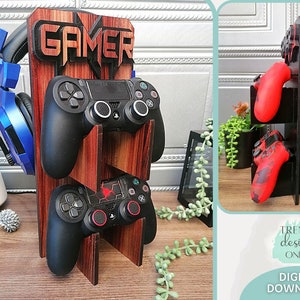 Drie Controllers &Headset Gamer Houder display Stand svg bestand, Glowforge Ready Laser Cut svg, Digitale Download, Commercieel Gebruik