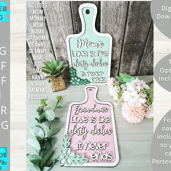 Moms Love is like Dirty Dishes svg, Mothers day Cutting board sign svg, Digital Download, Glowforge Ready, Laser Cut file, Commercial Use