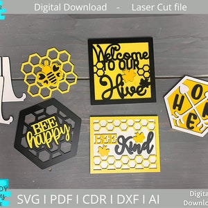 Bee Tiered tray SVG, Fichier de décor de plateau à plusieurs niveaux, DIY Kit Mini signes svg, Glowforge Ready svg, Laser Cut Digital Download, Utilisation commerciale