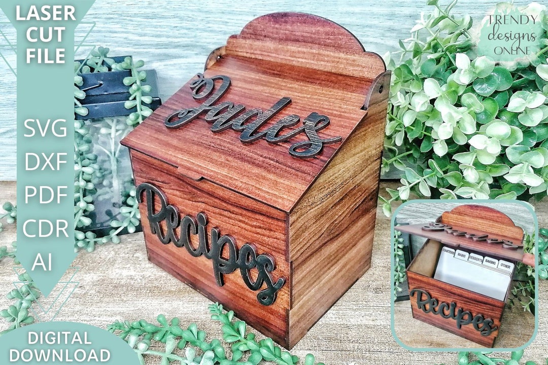 Recipes Box With Lid Svg File, Recipe Cards Box With Dividers Svg File