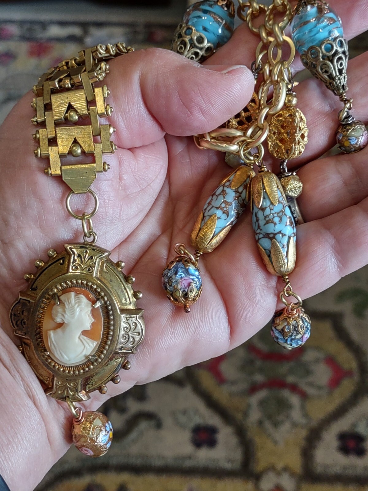 Vintage Cameo and Articulated Brass Watch Chain Assemblage Etsy
