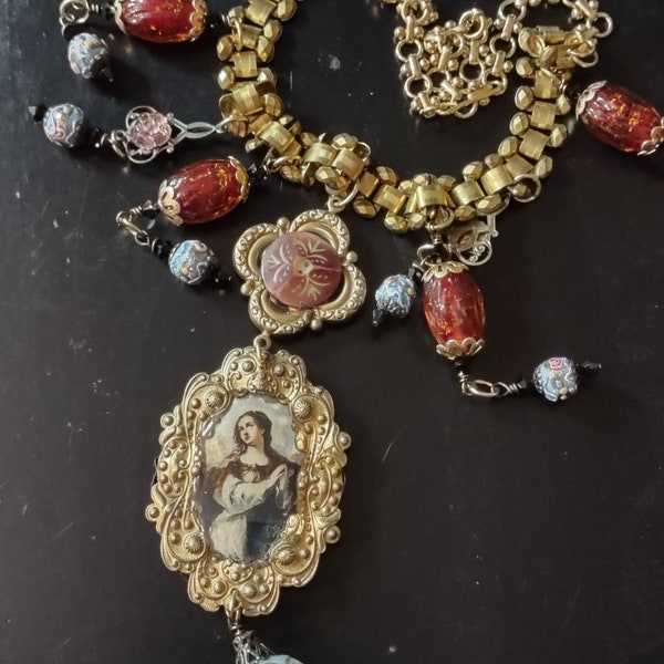 Vintage Antique Victorian Prayer Card, Venetian Wedding Cake Assemblage Necklace