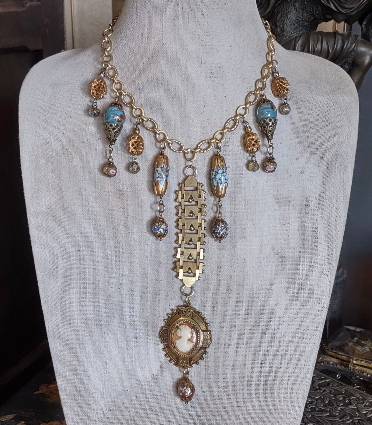 Vintage Cameo and Articulated Brass Watch Chain Assemblage Etsy