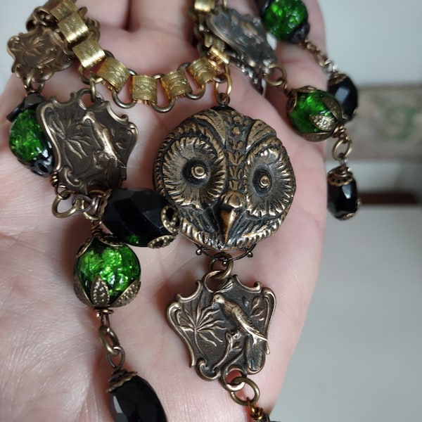 Antique Victorian Owl Button and 1930s Czech Foil Glass Assemblage Necklace