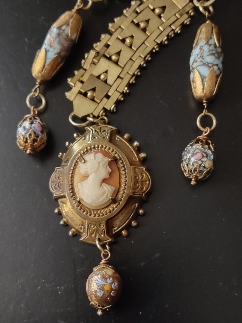 Vintage Cameo and Articulated Brass Watch Chain Assemblage Etsy