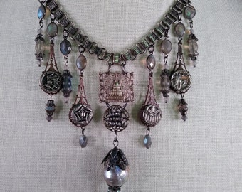 Vintage Bib Book Chain Silver Assemblage Necklace