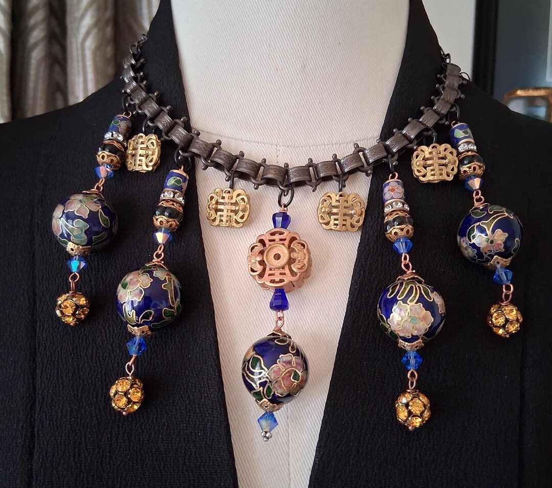 Vintage Chinese Cloisonné, Crystal and Rhinestone Assemblage Necklace ...