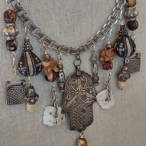 Vintage Moroccan Silver Hamsa, Snake Bone, Mali Spindle Whorl Tribal Assemblage Necklace