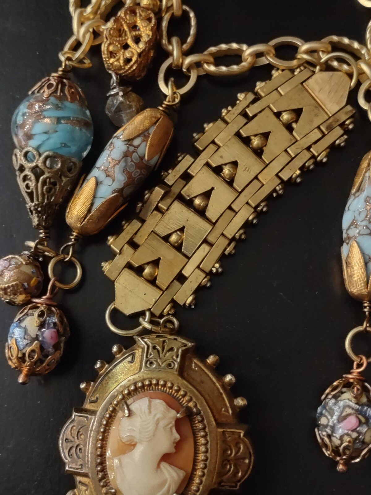 Vintage Cameo and Articulated Brass Watch Chain Assemblage Etsy
