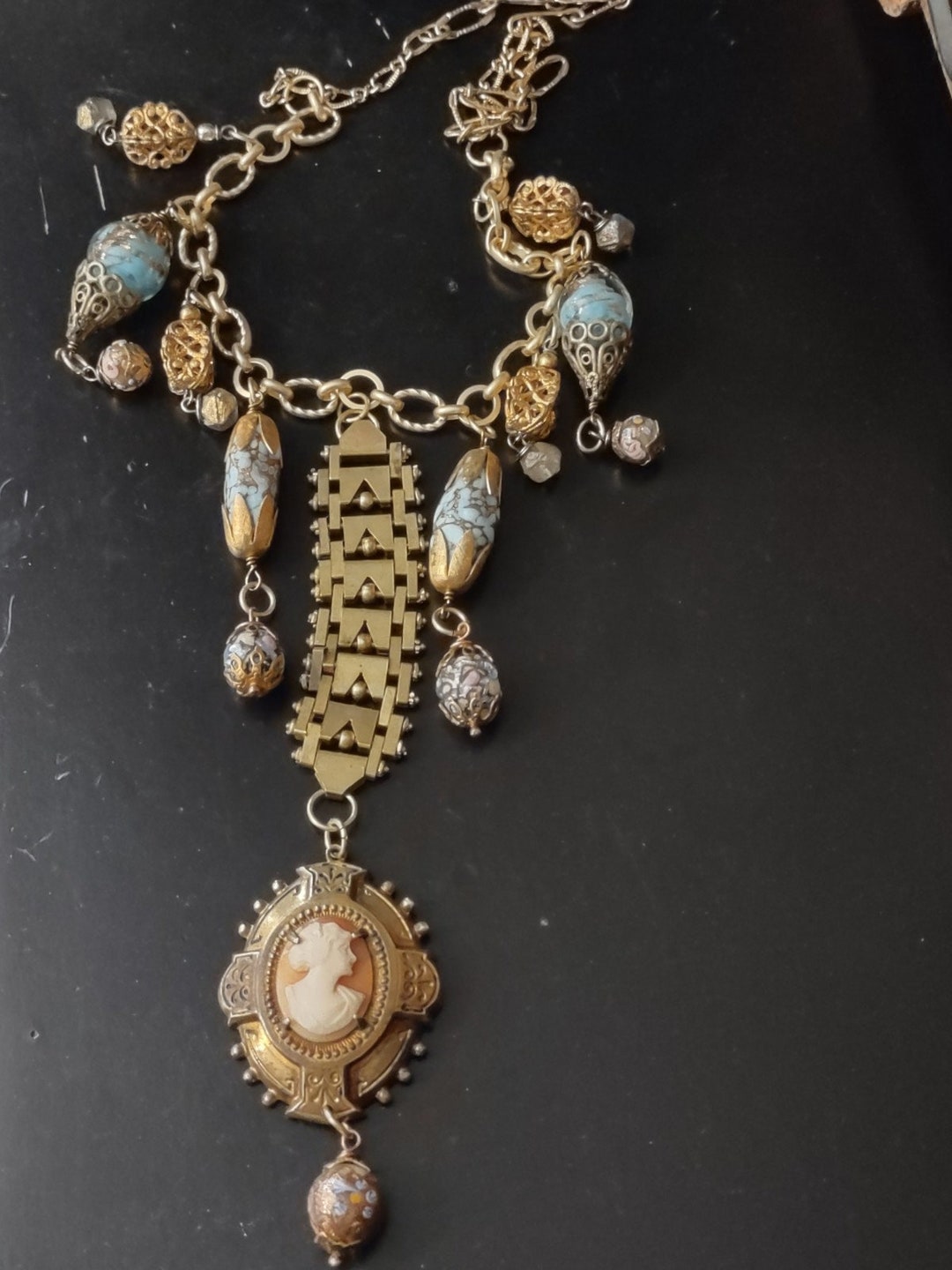 Vintage Cameo and Articulated Brass Watch Chain Assemblage Necklace - Etsy