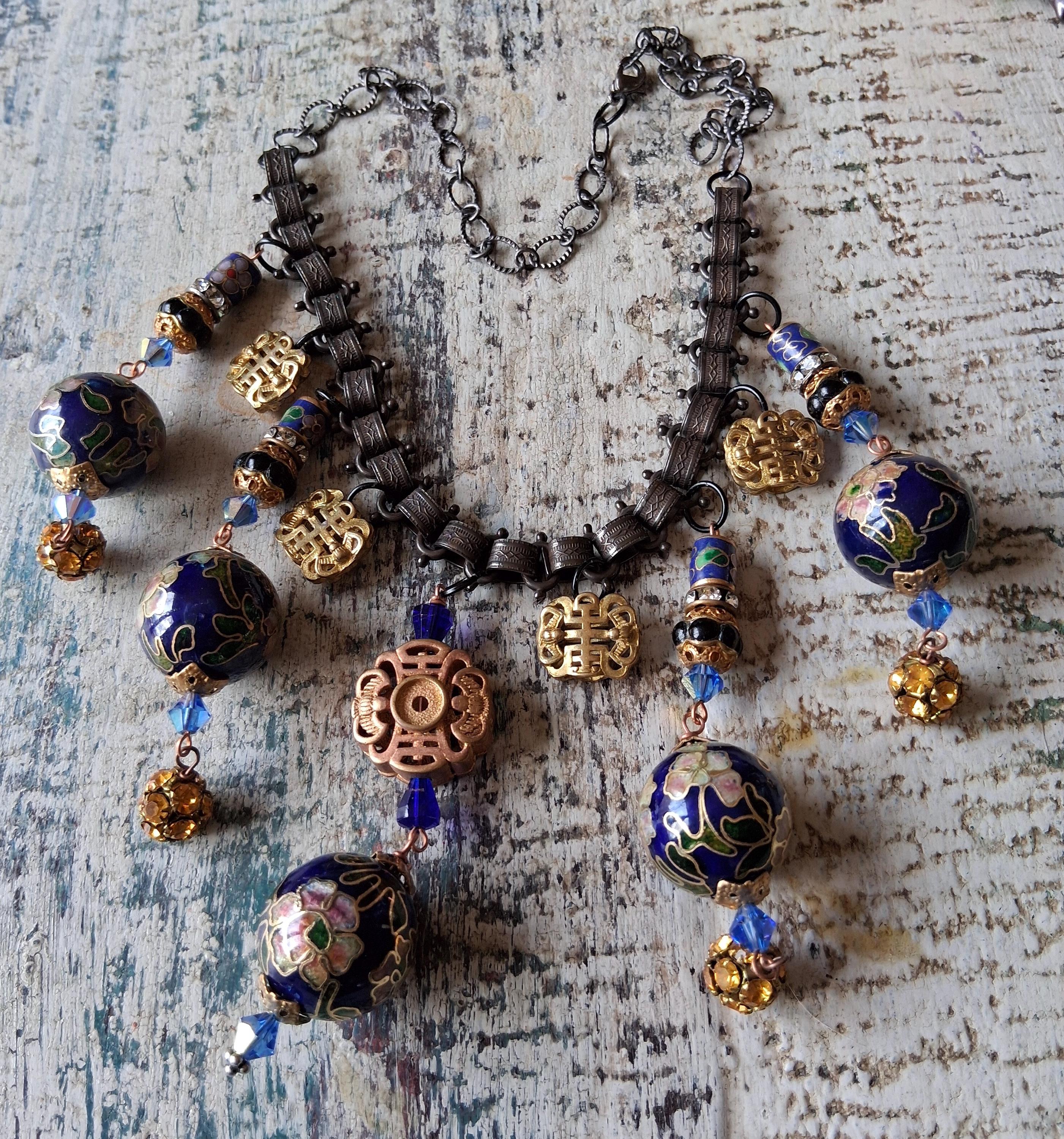 Vintage Chinese Cloisonné, Crystal and Rhinestone Assemblage Necklace ...
