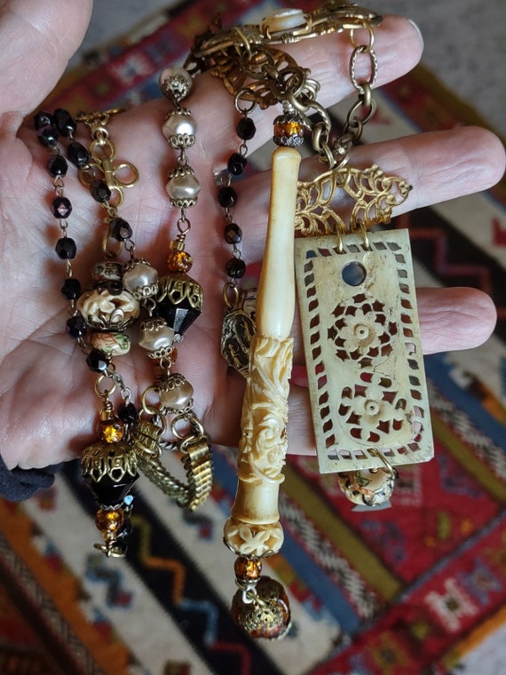 bone cigarette holder Vintage 1930s Carved Bone Dragon Cigarette Holder Lariat Assemblage  Necklace