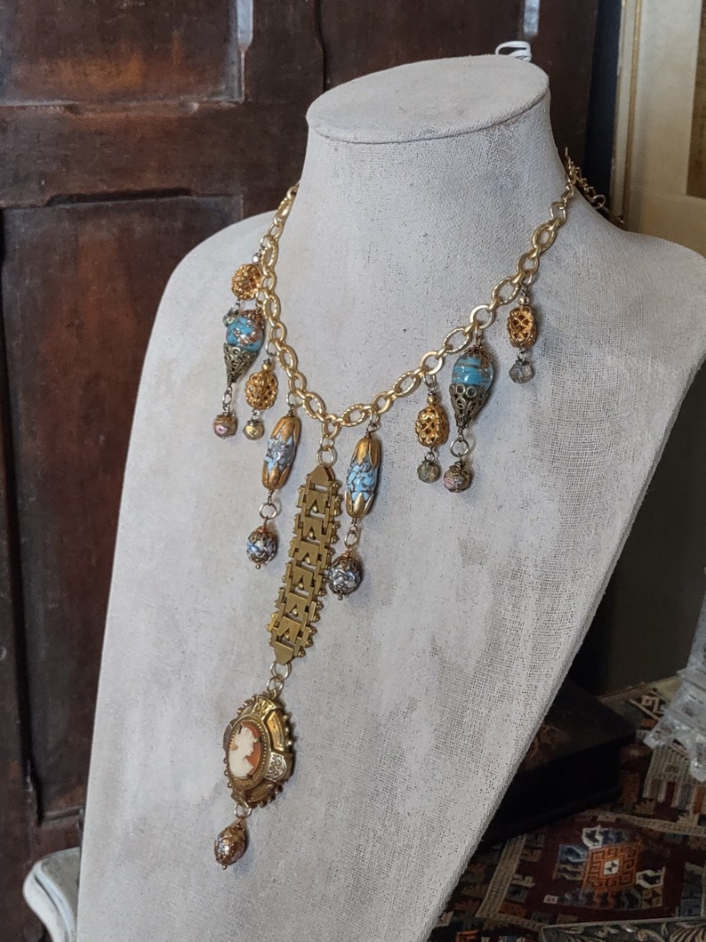 Vintage Cameo and Articulated Brass Watch Chain Assemblage Etsy