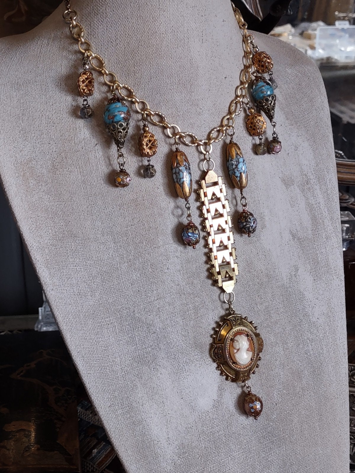 Vintage Cameo and Articulated Brass Watch Chain Assemblage Etsy