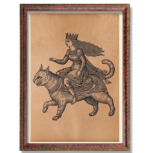 Freya Norse Goddess Print – Pagan Occult Wall Art | Freyja in Chariot with Cats | Norse Mythology Vintage Decor | Witchy Nordic Poster