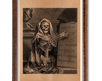 Memento Mori Print • Grim Reaper Antique Illustration • Vintage Occult Skull Art • Macabre Death Poster • Gothic Wall Decor