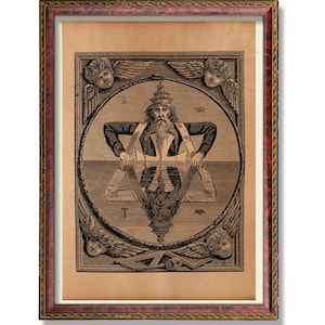 May include: Framed vintage print featuring a detailed black and white illustration. The artwork depicts a bearded figure within a circular frame, holding a geometric shape. The frame is a combination of brown and red tones, adding a classic aesthetic.
