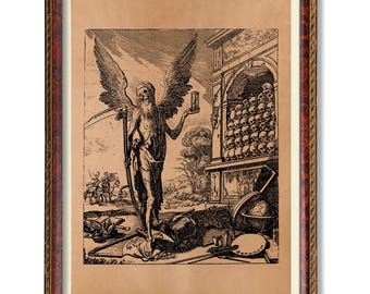 Memento Mori Skull & Hourglass Print - Vanitas Wall Art - Medieval Death Illustration - Occult Vintage Poster - Gothic Macabre Decor