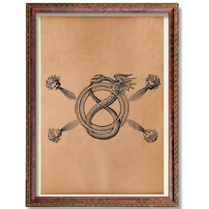 May include: Framed vintage print featuring a black and white illustration. The artwork depicts an ouroboros symbol, a snake eating its tail, within a circle, crossed by four stylized floral elements. The frame is a dark wood with a decorative border.