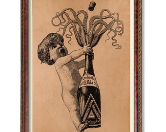 Capricieuze octopus in champagnefles poster | Vintage nautische muurkunst | Rustieke illustratie van zeedieren | Eigenzinnig oceaandecor