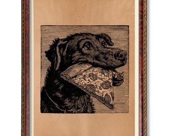 Dog Eating Pizza Poster – Vintage Style Funny Dog Illustration, Rustic Animal Wall Art, Antique Kitchen Decor