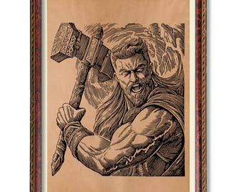 May include: A framed illustration of a muscular figure wielding a large hammer, with a detailed, etched style. The artwork features a brown background and a dark brown and gold frame. The figure is depicted with a beard and long hair, in a dynamic pose.