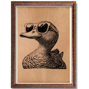 Vintage Cool Duck Poster | Rustic Duck Wall Art | Antique Style Duck Illustration | Funny Animal Decor with Sunglasses