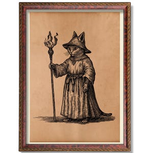 May include: A framed print featuring a black and white illustration of a cat dressed as a wizard. The cat wears a pointed hat and robe, holding a staff with a flame. The frame is brown with a decorative border, set against a white background.
