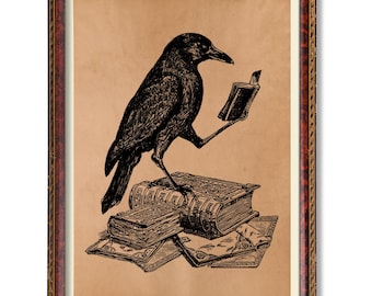Vintage Scholarly Crow Art Print Antique Raven Reading Poster, Rustic Book Lover Decor, Gothic Library Illustration, Dark Academia Wall Art
