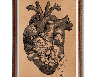 Konst med sönderfallande mänskligt hjärta – Vintage medicinsk illustrationsaffisch, rustik väggdekoration för anatomi, antikt vetenskapligt konstverk