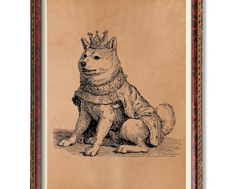 Vintage King Shiba Inu Poster | Antique Style Dog Illustration | Rustic Shiba Inu Wall Art | Unique Canine Home Decor