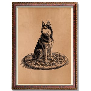 de pizza Husky rustique | décoration murale chien vintage | Illustration de Husky de style antique | Impression de décoration d&#39;intérieur amusante pour gourmets