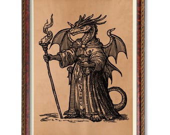 Wizard Dragon Poster | Vintage Fantasy Wall Art | Rustic Dragon Illustration | Antique Magical Creature Decor