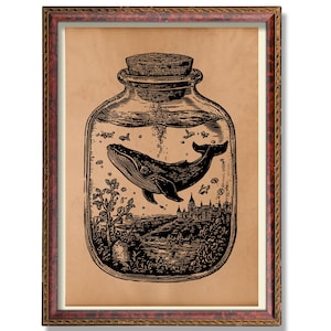 Rustic Whale in a Jar Wall Art – Vintage Ocean Poster, Antique Sea Life Illustration, Nautical Home Decor, Coastal Wall Decoration