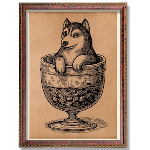 Poster Husky vintage dans un verre à vin - impression d&#39;art animalier rustique, illustration de chien de style ancien, décoration de maison, cadeau pour les amoureux des chiens