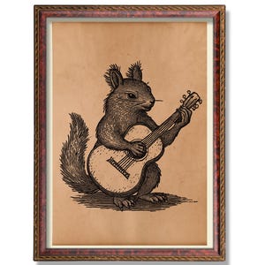 Squirrel Playing Guitar Vintage Poster | Rustic Animal Wall Art | Whimsical Antique Squirrel Illustration | Woodland Music Decor