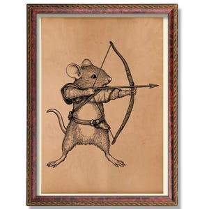 Bogenschützen Maus Poster | Vintage Tier Illustration | Rustikale Fantasy Wanddekoration | Antike Cottagecore Maus Kunstdruck
