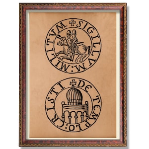 May include: Framed print with two black and white circular seals. The top seal shows two figures on horseback, and the bottom seal features a domed structure. The frame is dark brown with a decorative edge.