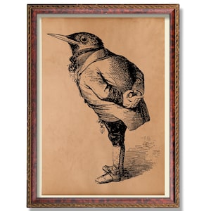 Gentleman Bird Poster | Vintage Whimsical Bird Illustration | Rustic Animal Wall Decor | Antique Style Bird Art Print