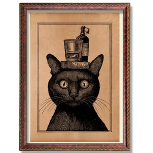 ヴィンテージ猫のウイスキーアート - アンティークスタイルの猫ポスター、素朴なホームバーの装飾、気まぐれな動物のイラスト、ウイスキーグラスを持った猫のウォールアート
