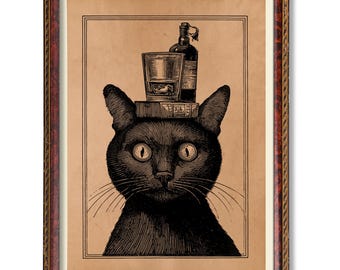ヴィンテージ猫のウイスキーアート - アンティークスタイルの猫
