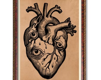 Vintage Anatomical Heart Poster Rustic Medical Illustration Art, Antique Anatomy Wall Decor, Scientific Biology Drawing for Office or Study